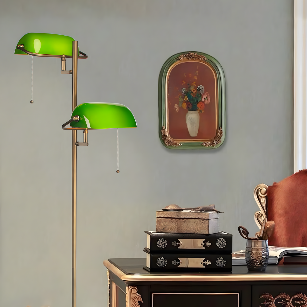 Lampadaire rétro laiton & verre vert Auren