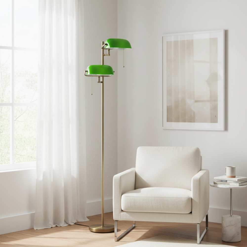 Lampadaire rétro laiton & verre vert Auren