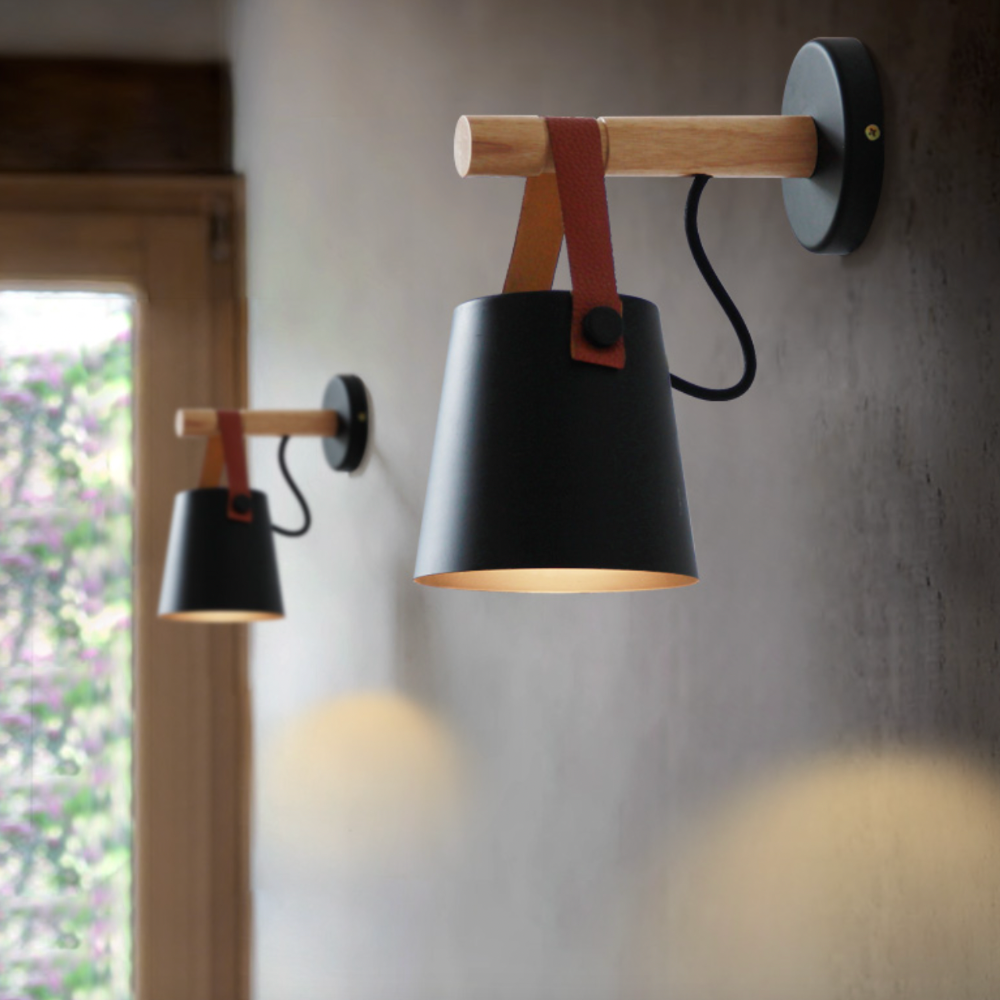 Applique murale LED en bois avec abat-jour suspendu – noir ou blanc