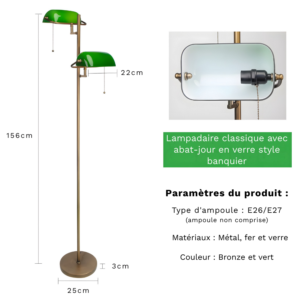 Lampadaire rétro laiton & verre vert Auren