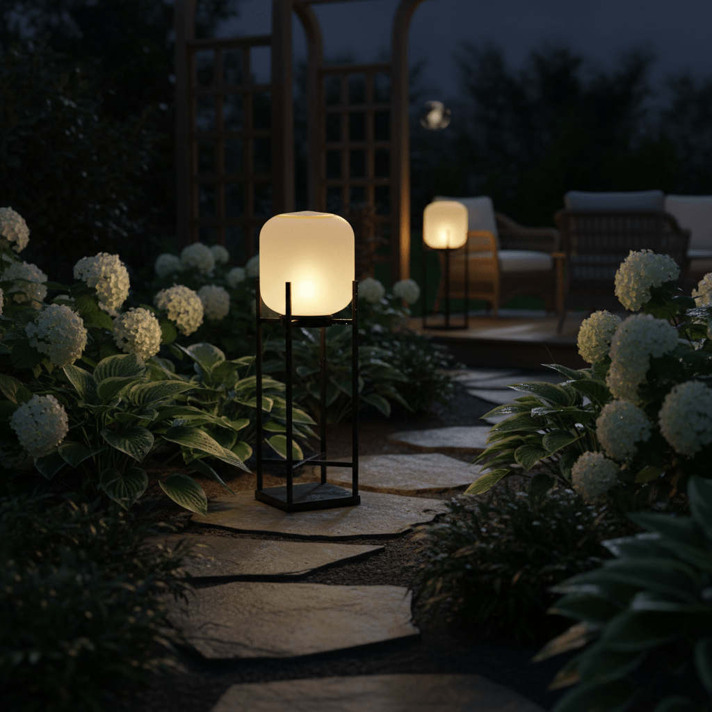 Lampadaire solaire en inox et verre style lanterne – éclairage jardin automatique