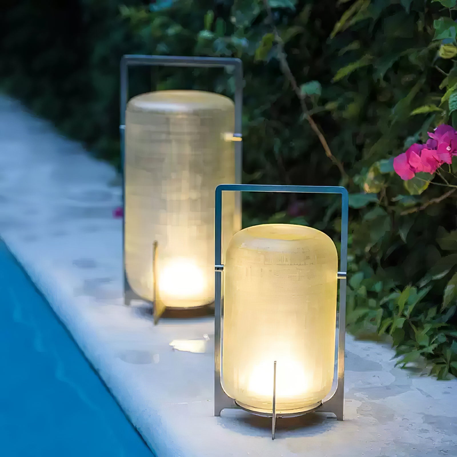 Lampe de table lanterne en inox – allumage automatique crépusculaire