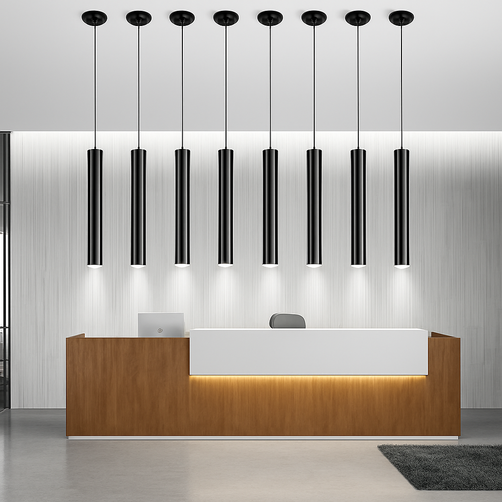 Suspension cylindrique LED en métal noir – design industriel épuré