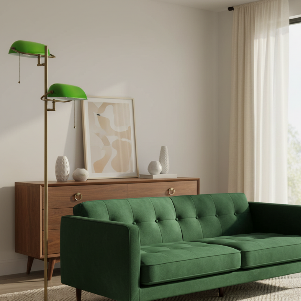 Lampadaire rétro laiton & verre vert Auren