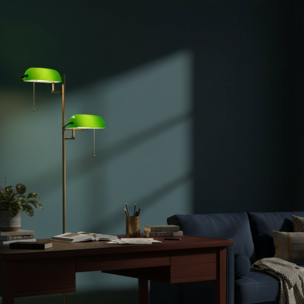Lampadaire rétro laiton & verre vert Auren