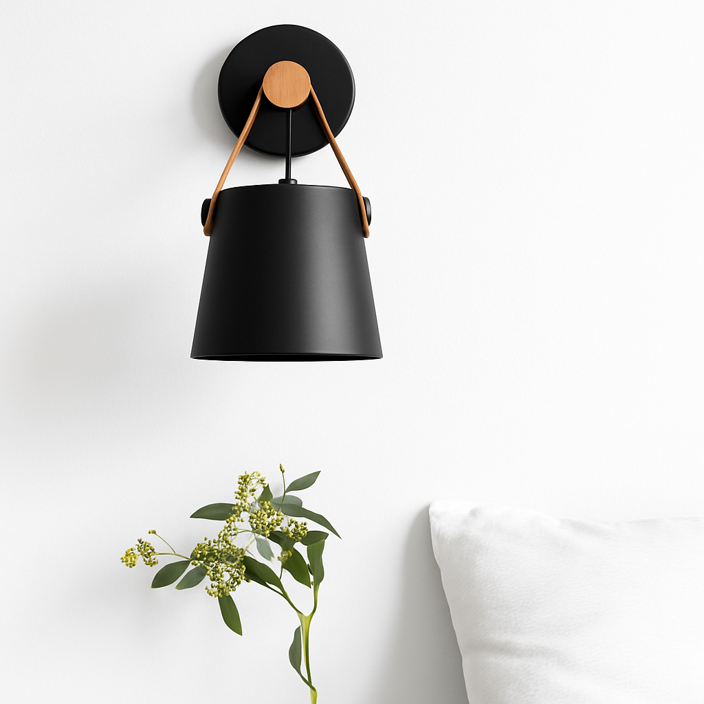 Applique murale LED en bois avec abat-jour suspendu – noir ou blanc