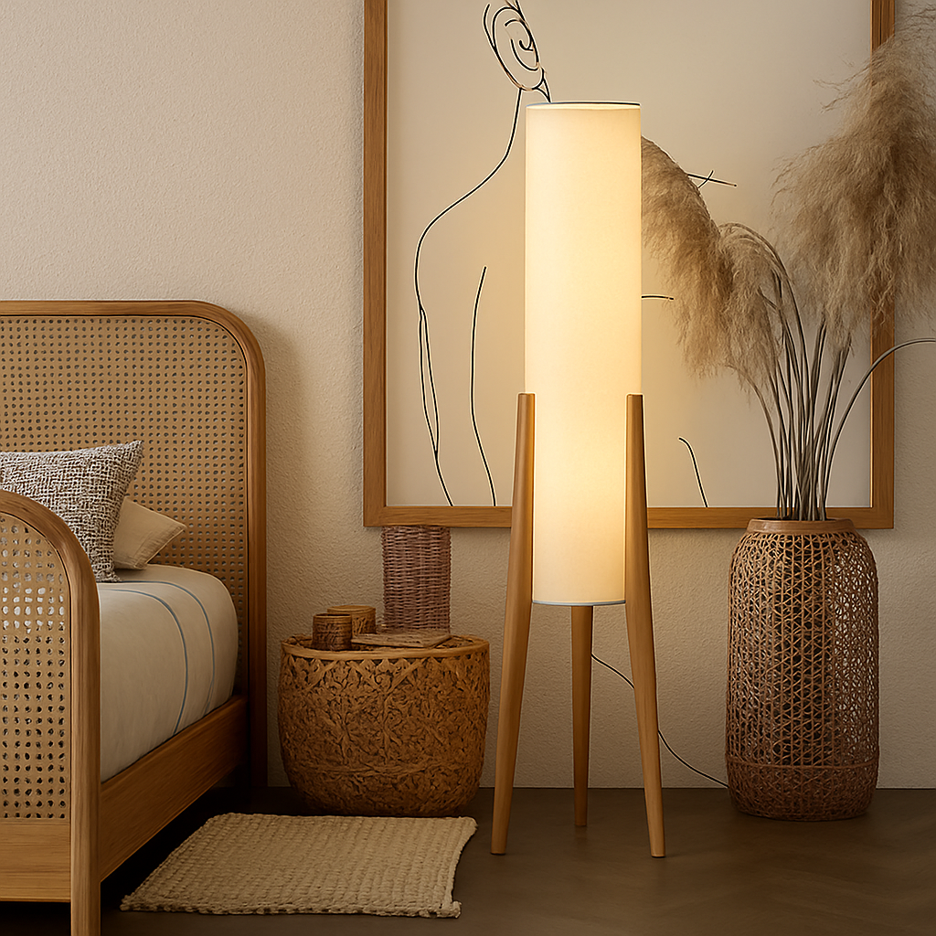 Lampadaire en bois massif avec abat-jour tissu – art nordique, lecture