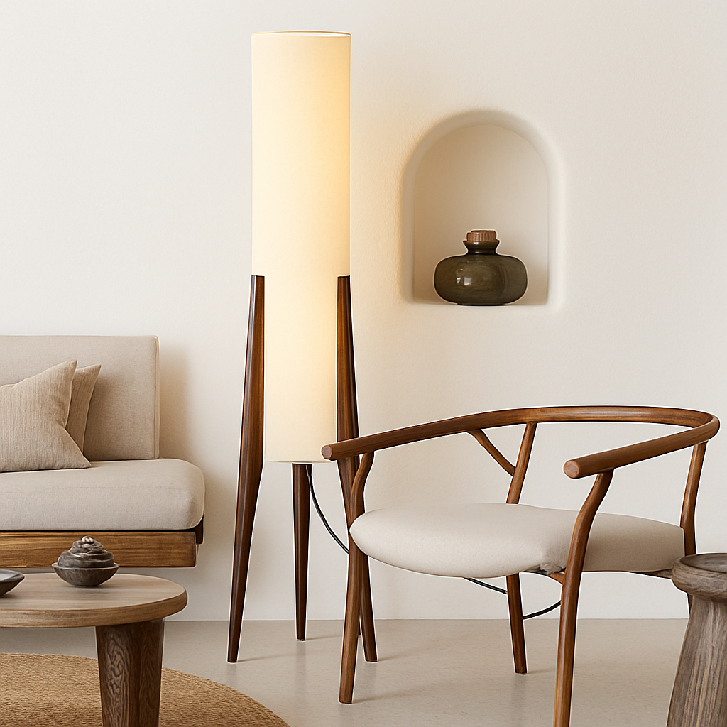 Lampadaire en bois massif avec abat-jour tissu – art nordique, lecture