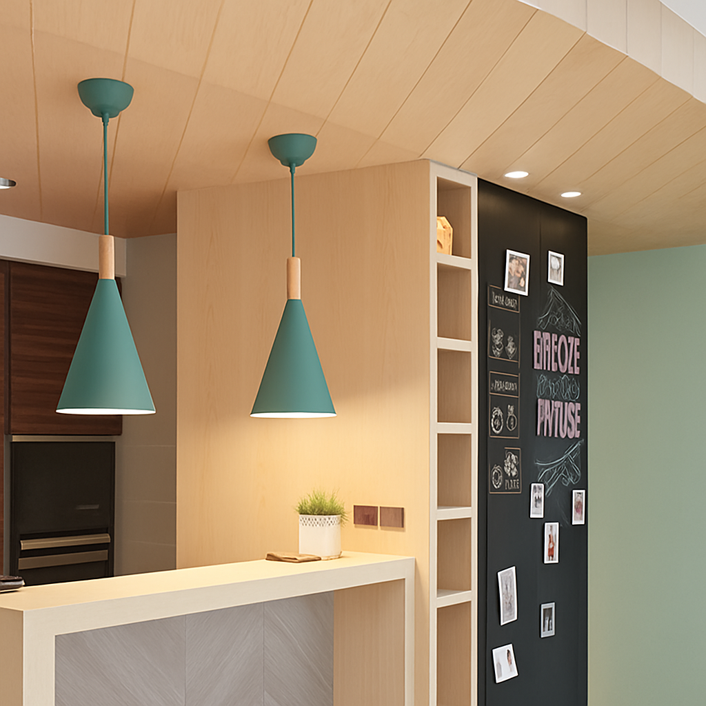 Suspension conique en métal coloré et tige en bois – Bar