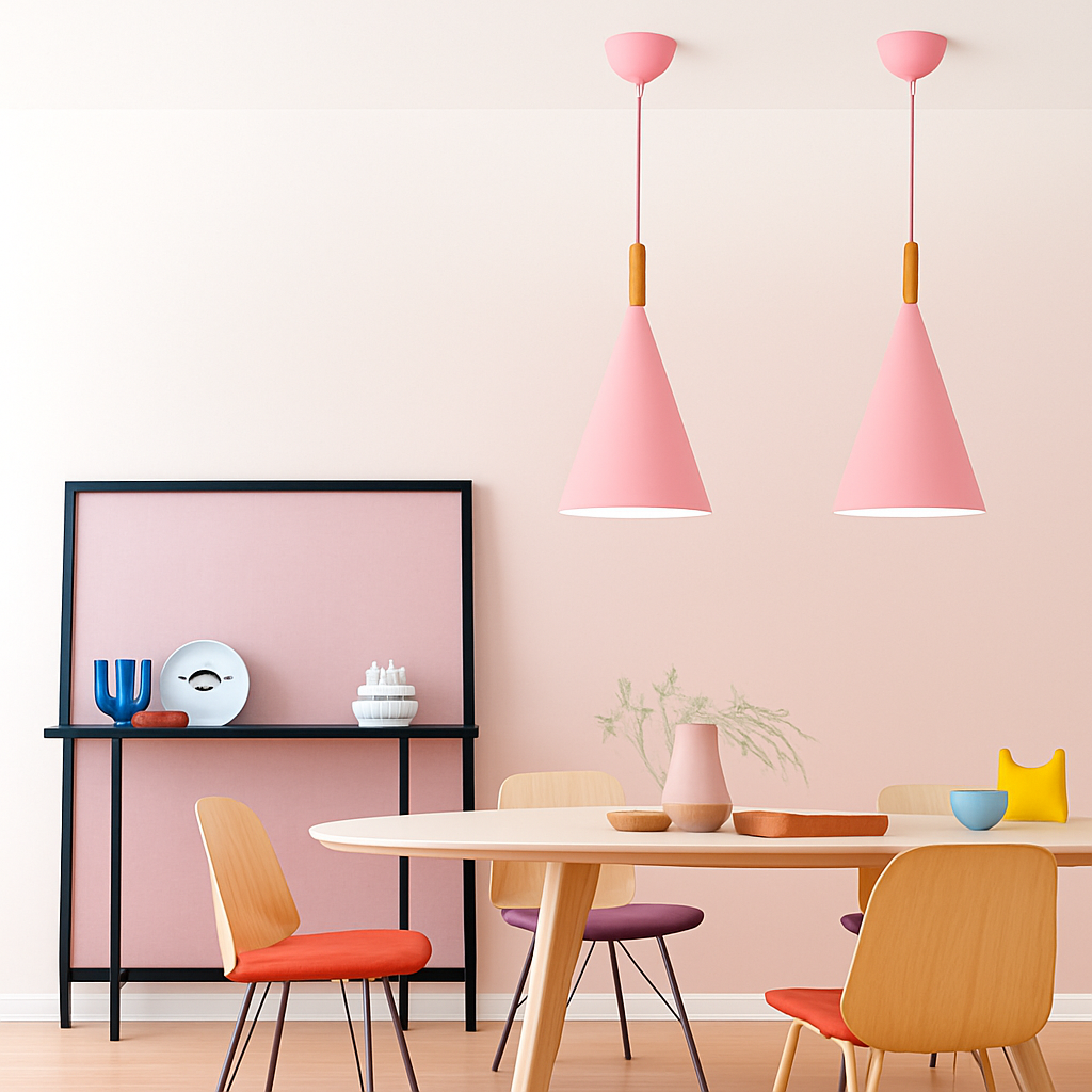 Suspension conique en métal coloré et tige en bois – Bar