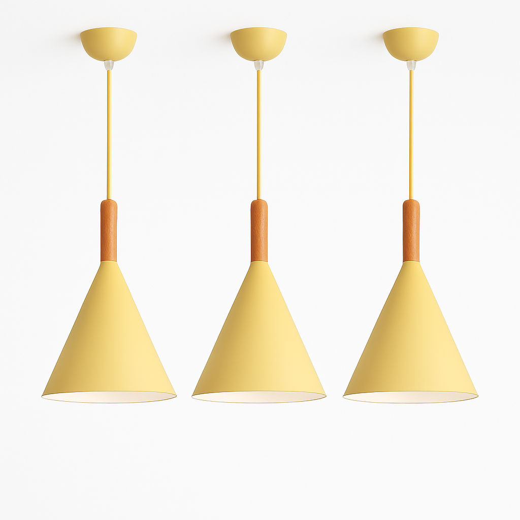 Suspension conique en métal coloré et tige en bois – Bar