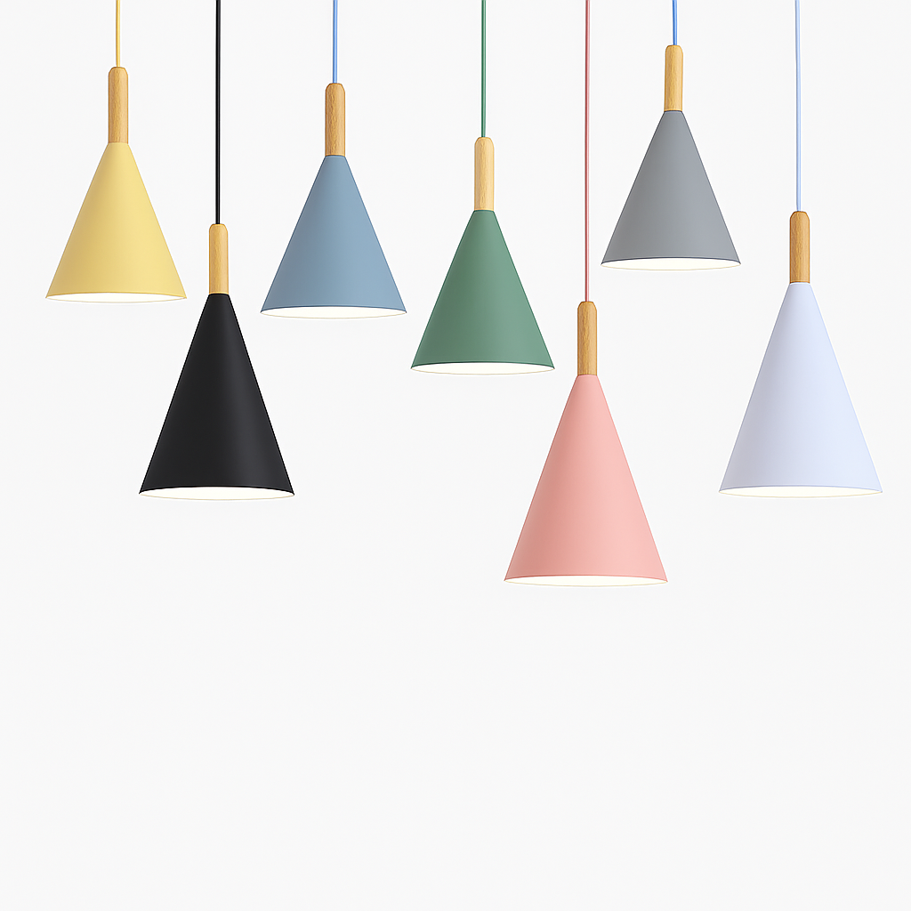 Suspension conique en métal coloré et tige en bois – Bar