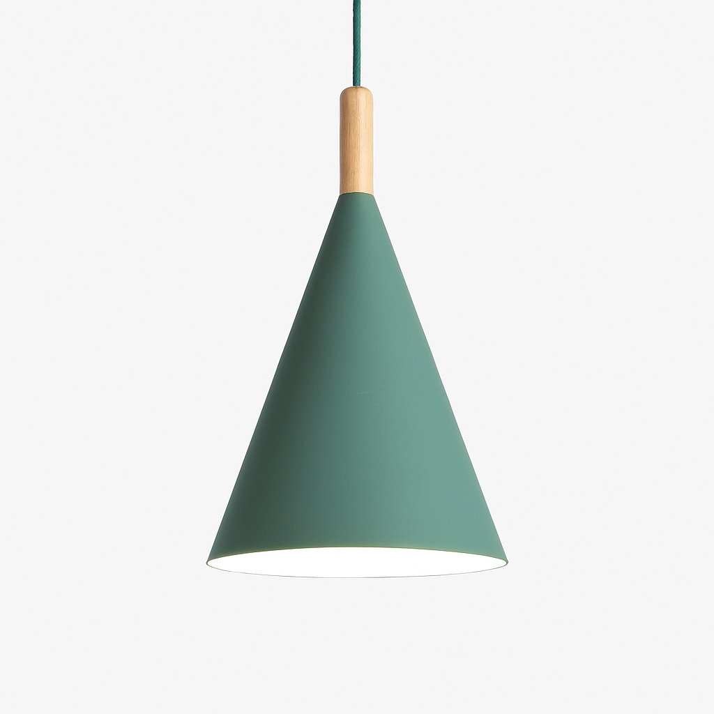 Suspension conique en métal coloré et tige en bois – Bar