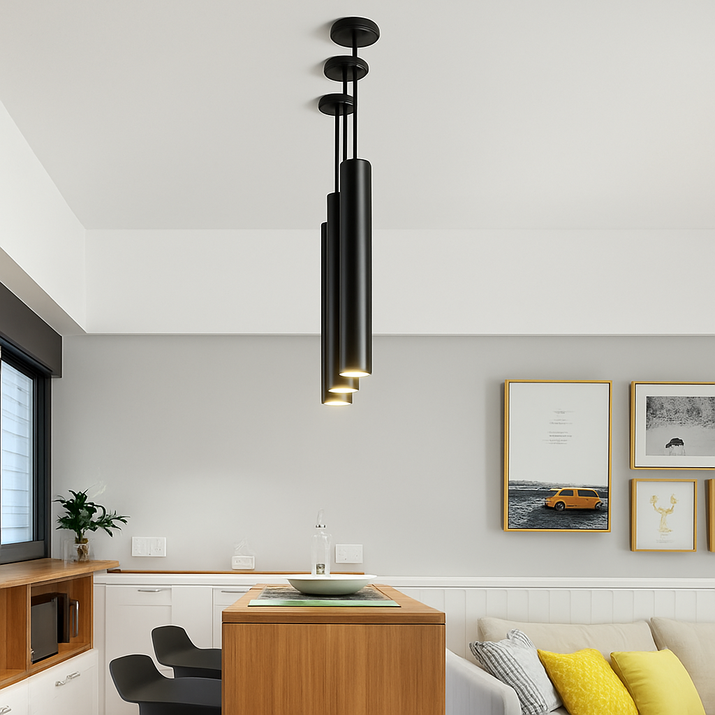 Suspension cylindrique LED en métal noir – design industriel épuré